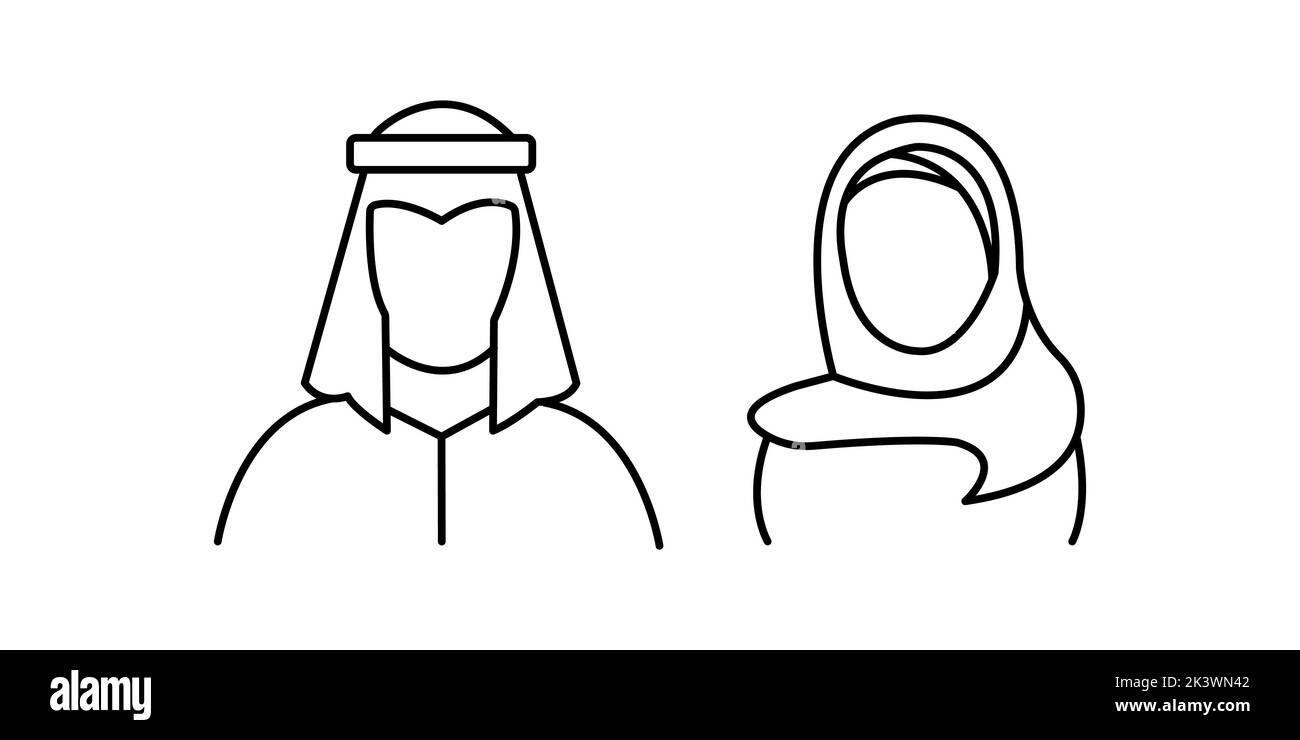 Icone lineari musulmane arabe. Avatar delle persone senza volto dell'arabia Saudita. Linea di silhouette. Tradizionale coppia araba orientale. Delineare uno stile piatto. Vect Illustrazione Vettoriale