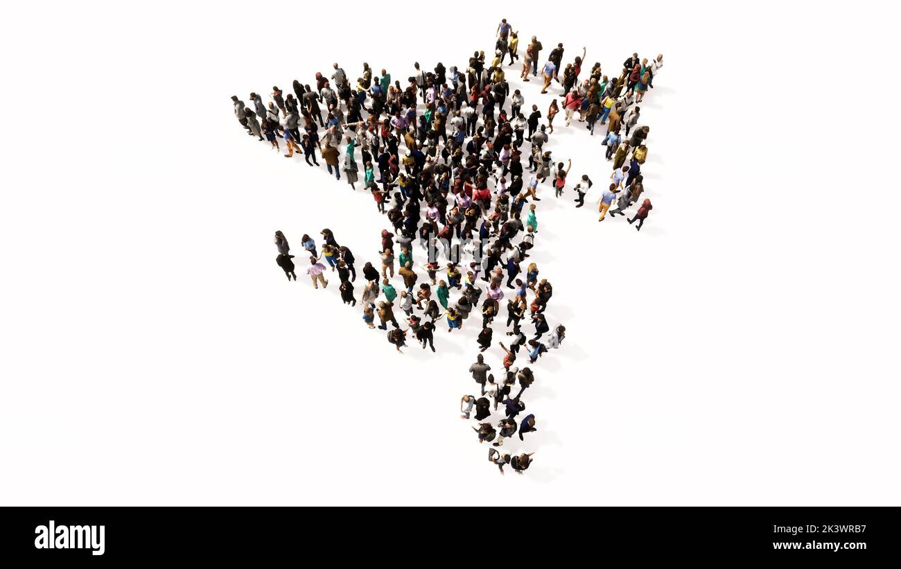 Concetto concettuale Grande incontro di persone che formano l'immagine del bambino Cupido con una freccia su sfondo bianco. Una metafora di illustrazione 3d per amore Foto Stock