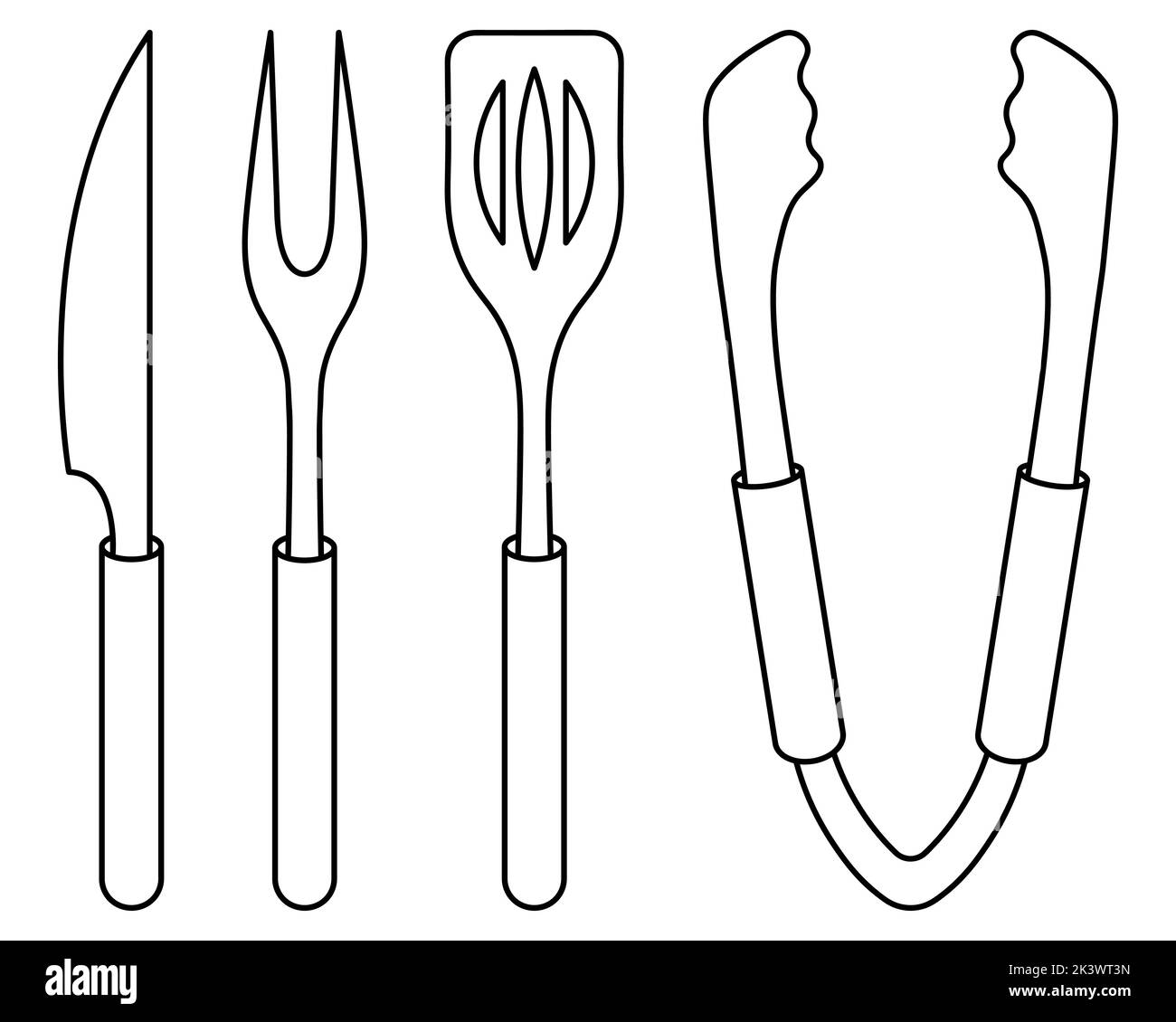 Un set di attrezzi per barbecue. Schizzo. Forchetta con due rebbi, spatola, coltello e pinze. Illustrazione vettoriale. Colorazione. Contorno su sfondo isolato. Illustrazione Vettoriale
