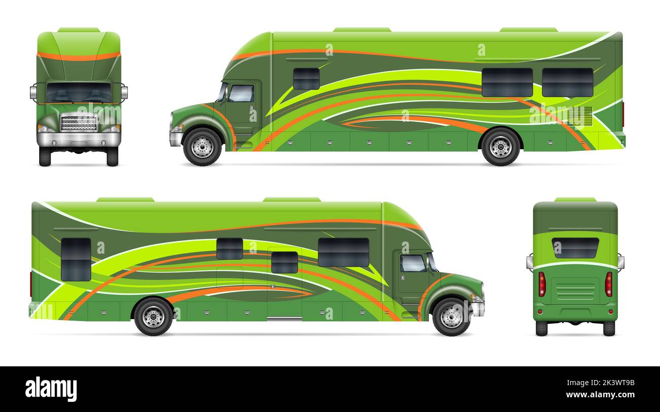 RV camper vettore mockup su bianco per il marchio del veicolo, l'identità aziendale. Tutti gli elementi del gruppo su livelli separati per facilitare la modifica. Illustrazione Vettoriale