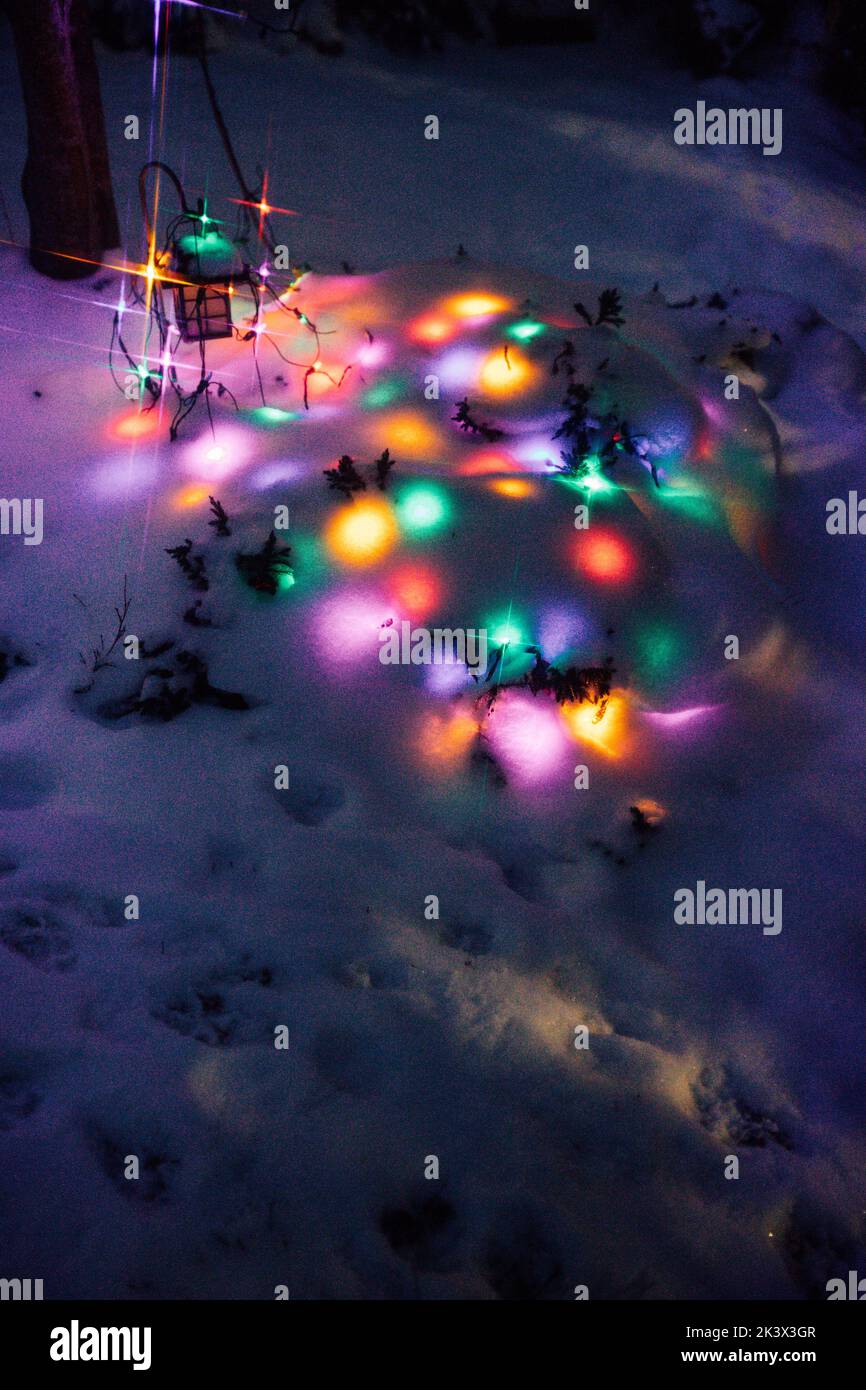 Colorate luci natalizie sotto la neve di notte Foto Stock