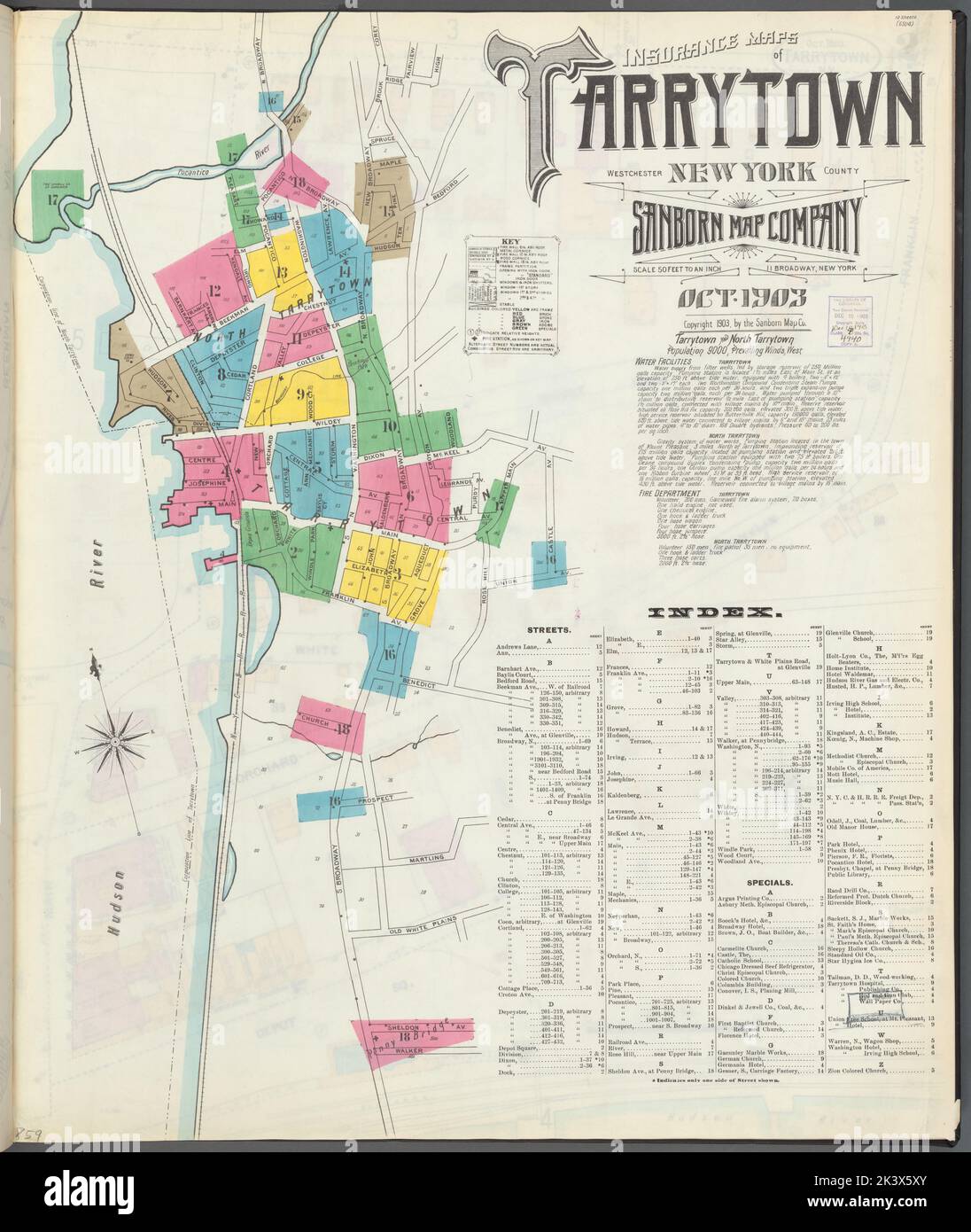 Cartine assicurative di Tarrytown, New York copertina con Street index Cartographic. Atlanti, Mappe. 1903. Lionel Pincus e la Principessa Firyal Map Division. New York (stato), assicurazione antincendio, Proprietà immobiliari, Città e paesi, Tarrytown (N.Y.) Foto Stock