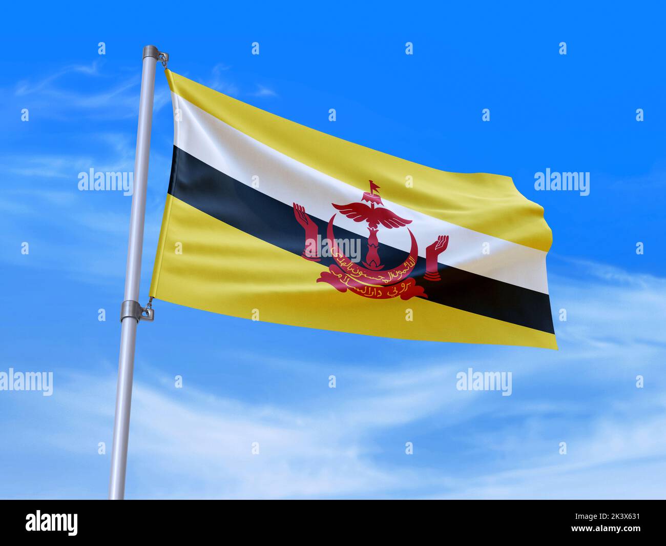 Bella bandiera Brunei che sventola nel vento con sfondo cielo - 3D illustrazione - 3D rendering Foto Stock
