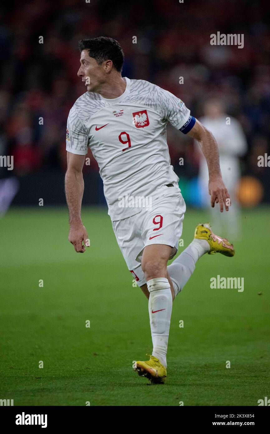 CARDIFF, GALLES - SETTEMBRE 25: Robert Lewandowski di Polonia durante la UEFA Nations League Una partita di Gruppo 4 tra Galles e Polonia a Cardiff Foto Stock