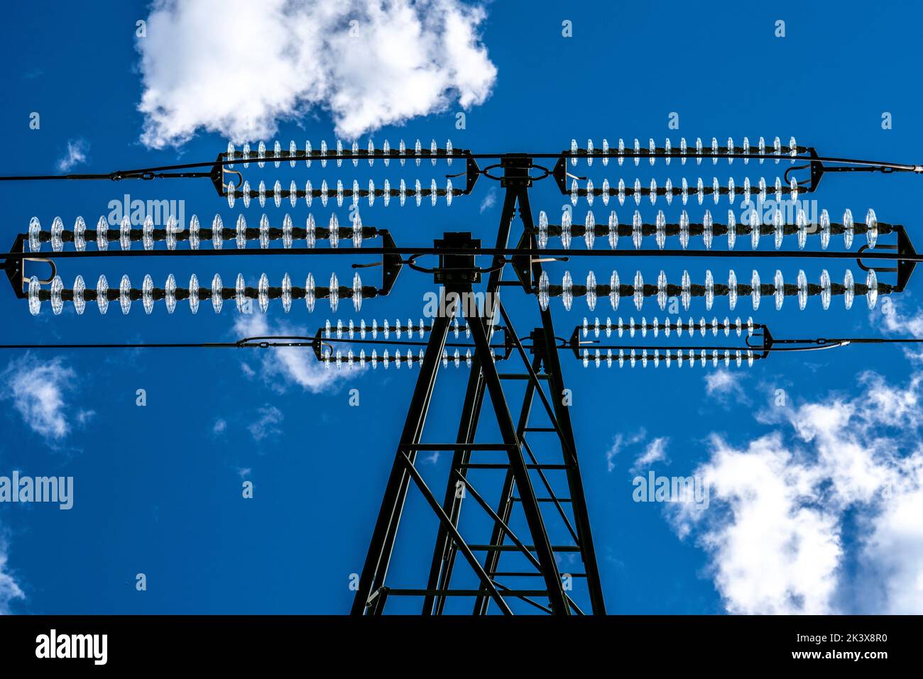 Isolatori in vetro su una linea ad alta tensione, sui poli appendono come dispositivo di sospensione tra il polo e il cavo sotto tensione, non isolato, est Foto Stock