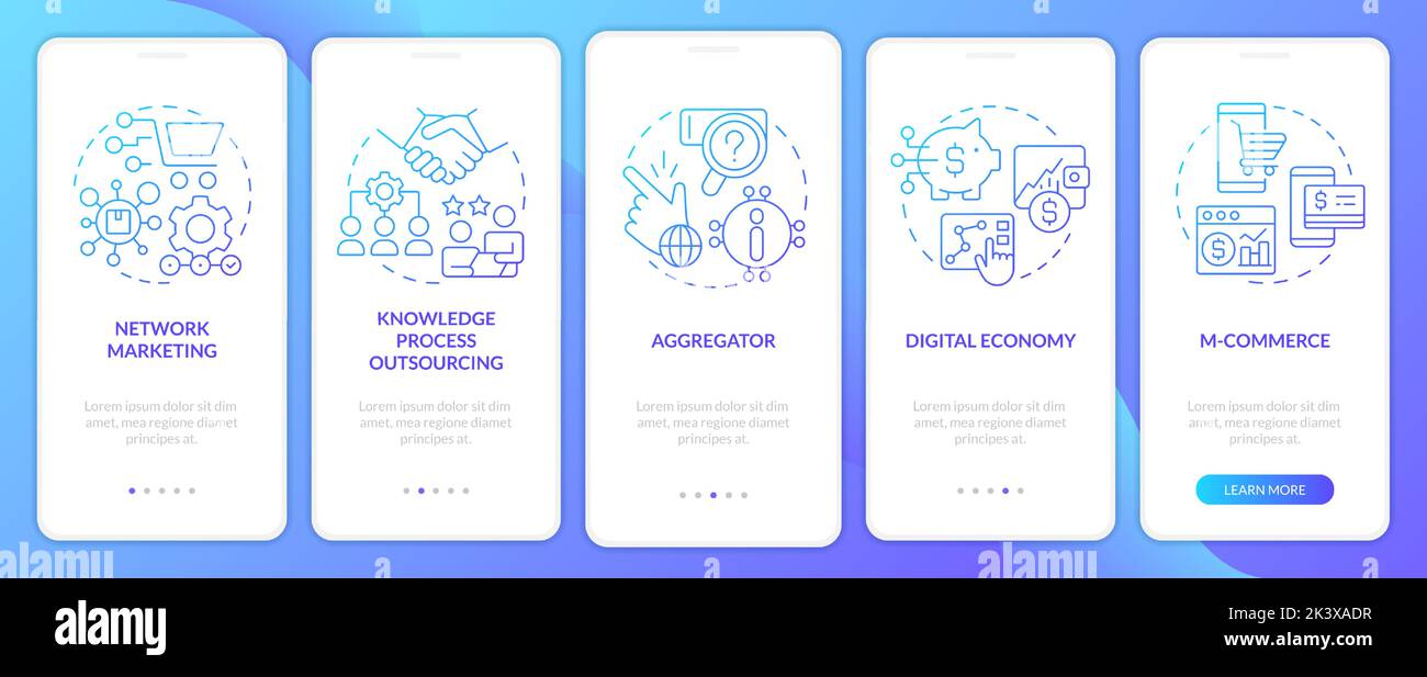 Tendenze aziendali emergenti schermata dell'app mobile di onboarding a gradiente blu Illustrazione Vettoriale