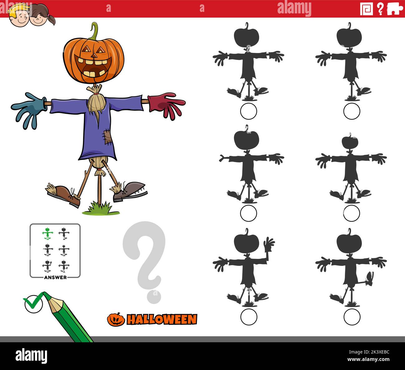 Illustrazione del cartone animato di trovare l'ombra senza differenze gioco educativo con il carattere di spaventapasseri su Halloween tempo Illustrazione Vettoriale