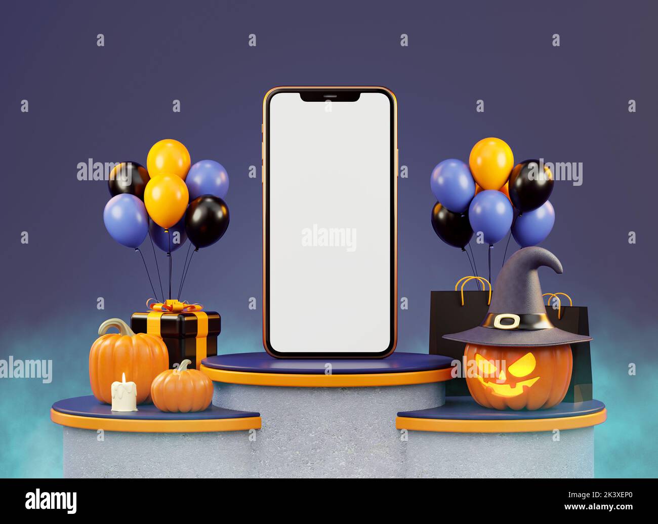 Halloween cellulare mockup schermo vuoto su una scena podio con zucche, palloncini e sfondo scuro in 3D illustrazione. Vendite della bandiera di Halloween un Foto Stock