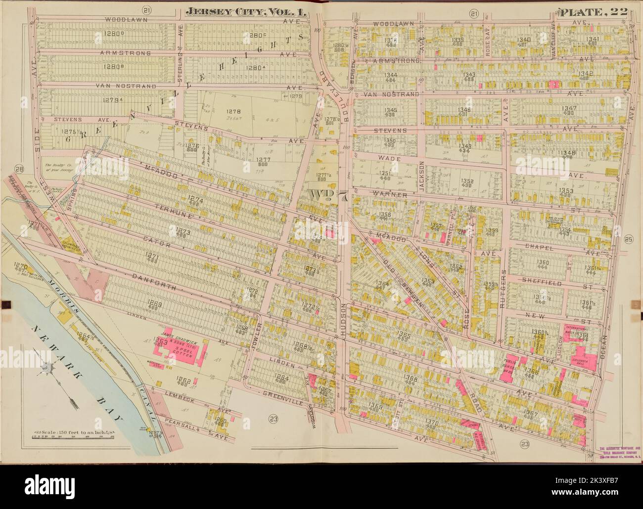 Hudson County, V. 1, Double Page Plate No. 22 Mappa delimitata da Woodlawn Ave., Ocean Ave., Pearsall Ave., Newark Bay, West Side Ave. Cartografica. Atlanti, Mappe. 1908 - 1909. Lionel Pincus e la Principessa Firyal Map Division. Jersey City (N.J.), Contea di Hudson (N.J.) Foto Stock