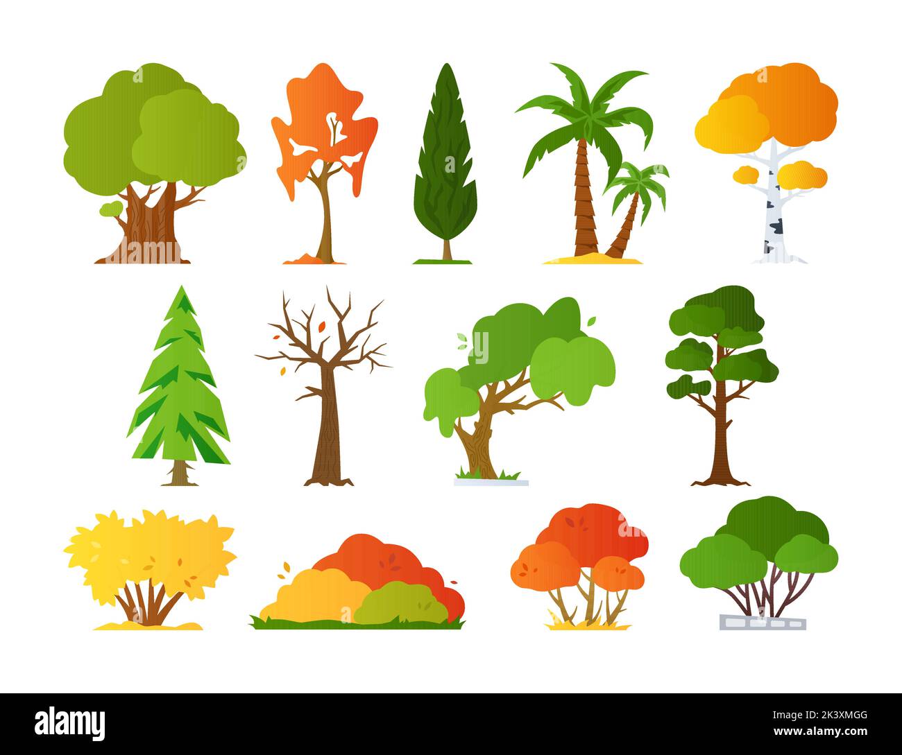 Alberi estivi e autunnali - design piatto stile oggetti set Illustrazione Vettoriale