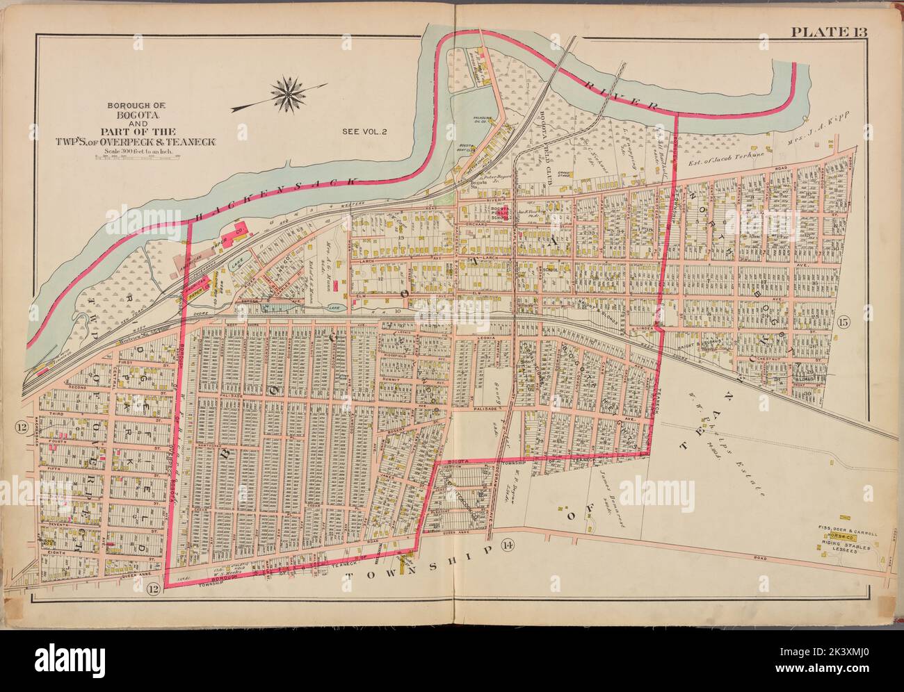 Bergen County, V. 1, Double Page Plate No. 13 Mappa delimitata da Hackensack River, North St., Queen Anne Rd., Hackensack Ave. Cartografica. Atlanti, Mappe. 1912 - 1913. Lionel Pincus e la Principessa Firyal Map Division. Contea di Bergen (N.J.) Foto Stock