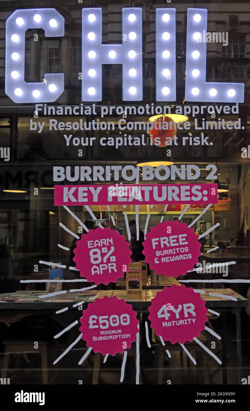 Catena di ristoranti Chilango, Burrito Bond Investments, pubblicità per Burritobond 2, Oxford Road, Manchester, Inghilterra, Regno Unito, M1 5JW Foto Stock