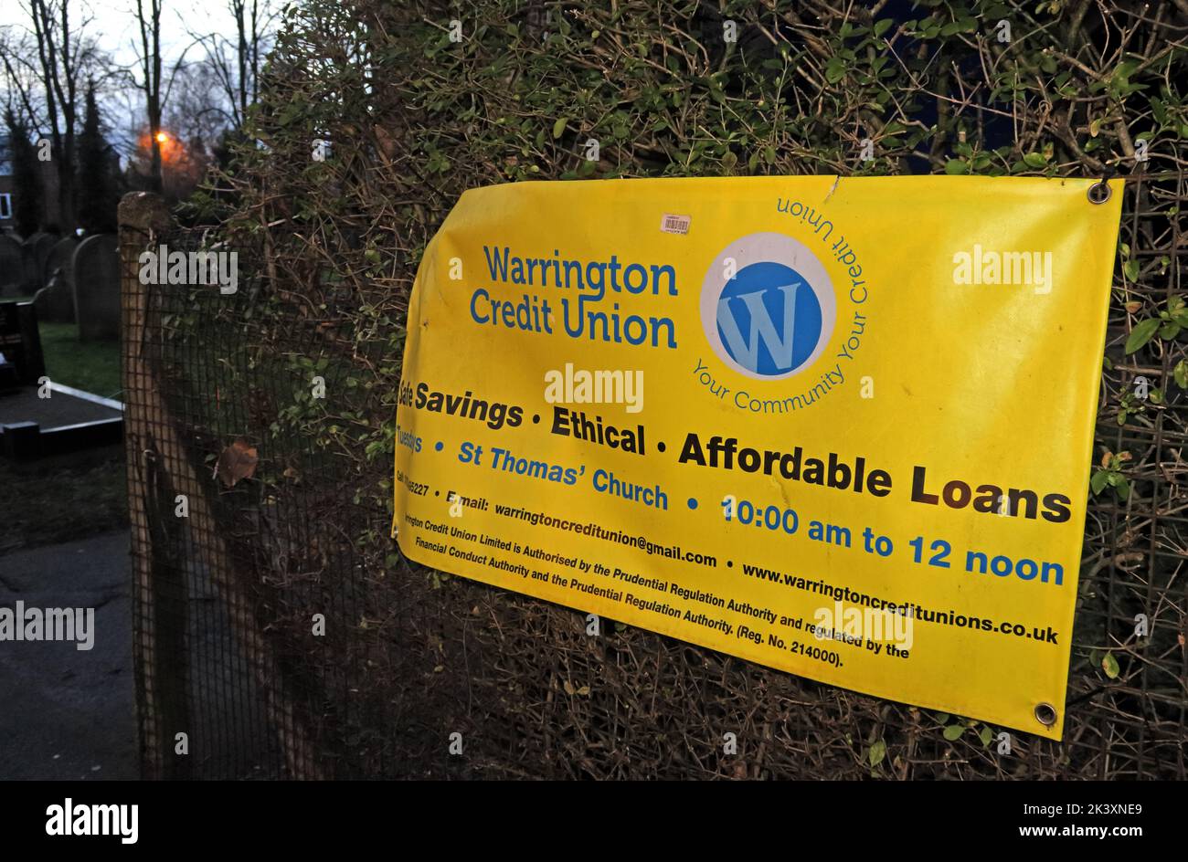 Warrington credito Unione segno, risparmio, etica, prestiti accessibili, St Thomas, Stockton Heath, Warrington, Cheshire, Inghilterra, Regno Unito Foto Stock