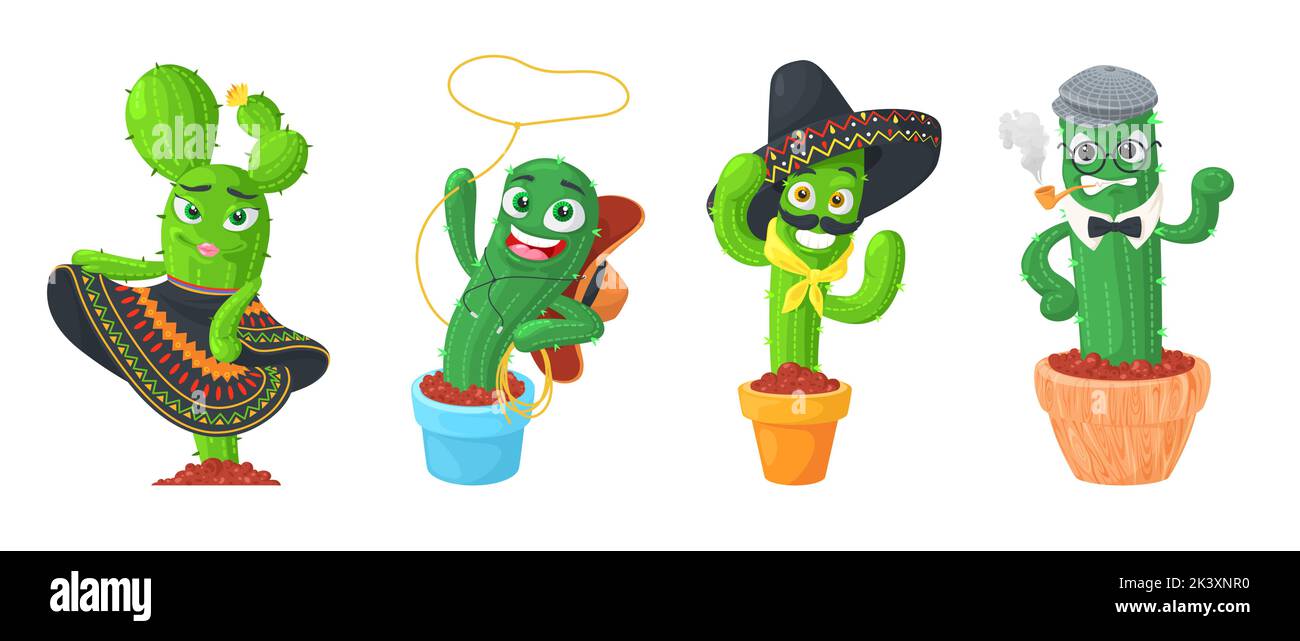 Illustrazione carina del vettore di cactus. Cartoon giardino fiore set. Felice divertente kawaii personaggio succulente isolato su sfondo bianco. Doodle flowerpo Illustrazione Vettoriale