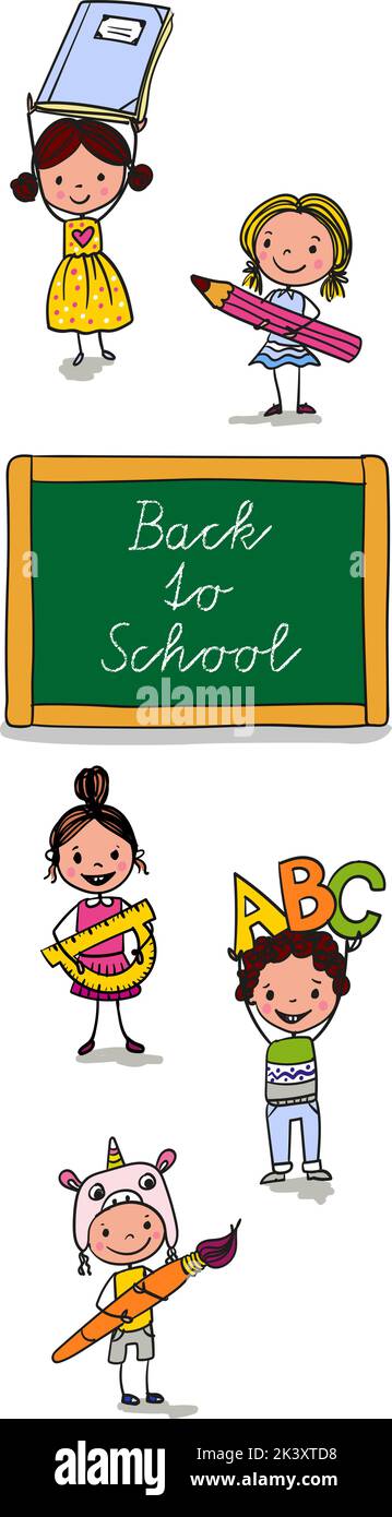 Torna a scuola - carini ragazzi e ragazze con righelli, matite, pennelli e ABC - entusiasti di tornare a scuola - colorato cartone animato disegnato a mano. Adatto per Illustrazione Vettoriale