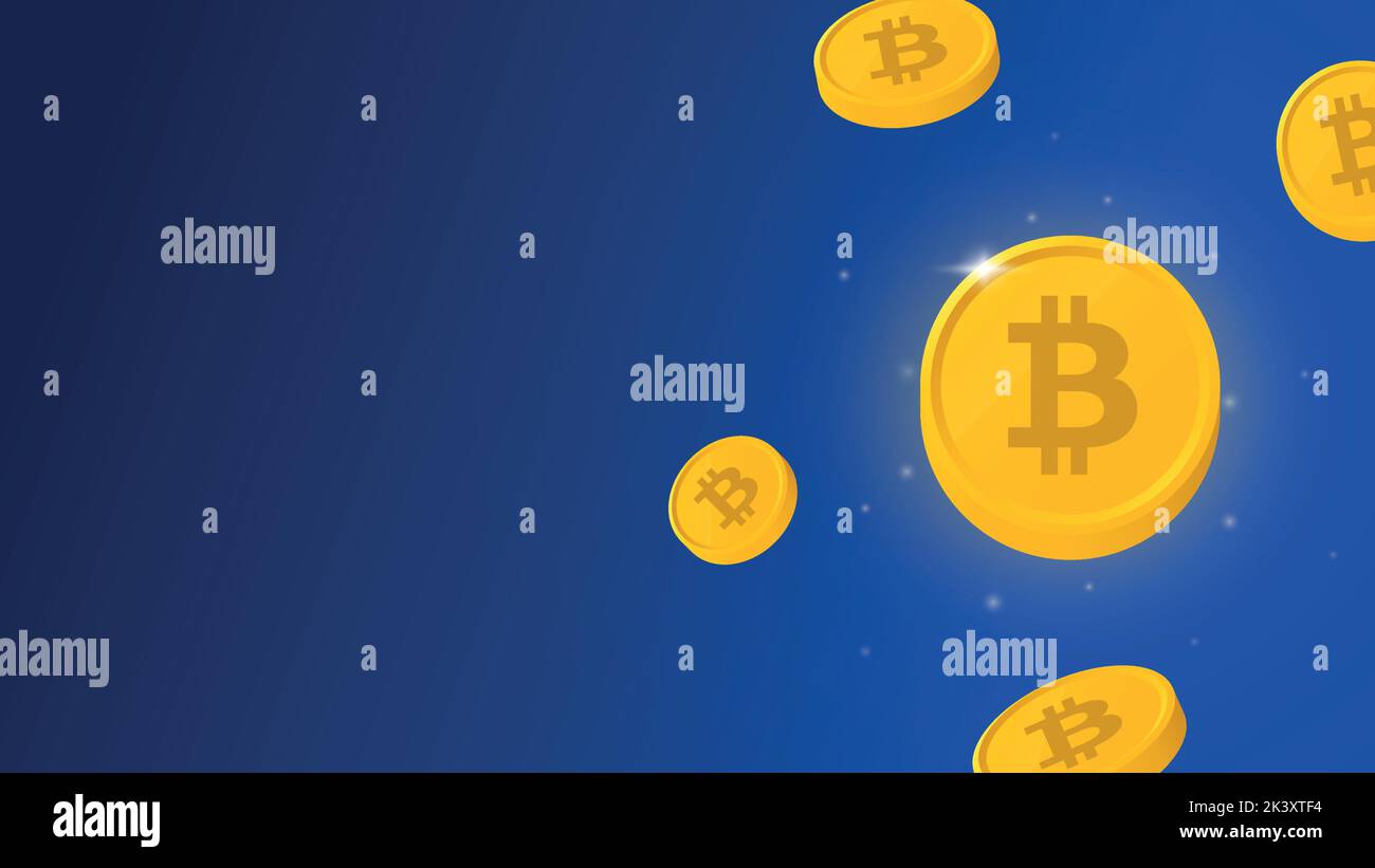 Monete Bitcoin lucide e fluttuanti. Criptovaluta BTC su sfondo blu. Illustrazione Vettoriale