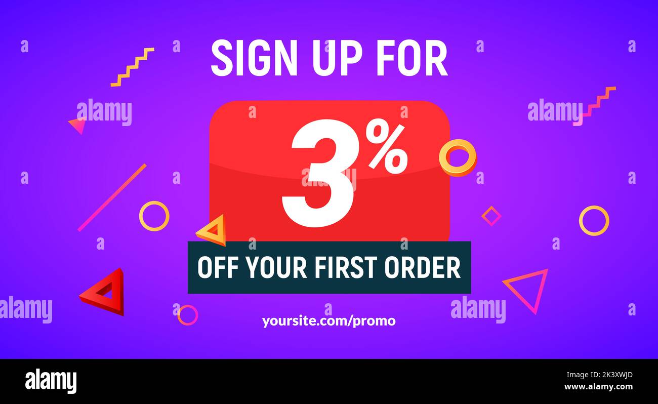 Codice coupon sconto segno in su offerta pubblicitaria. Sconto promozione tag flyer 3% di sconto promozione Illustrazione Vettoriale