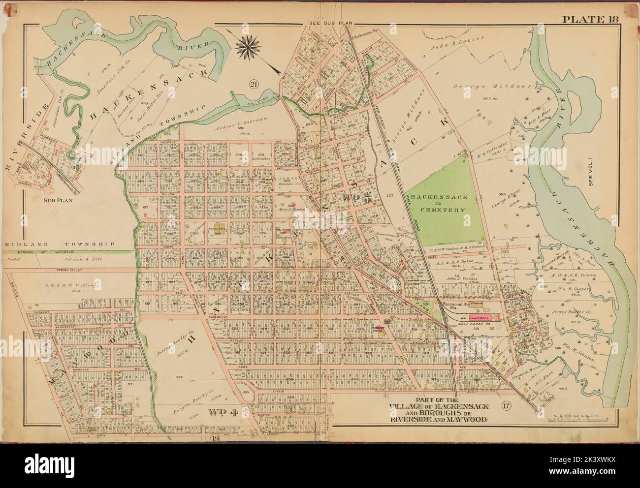 Bergen County, V. 2, Double Page Plate No. 18 Mappa delimitata da Hackensack River, Lookout Ave., Grove Ave., Maywood Ave., Main St. Cartographic. Atlanti, Mappe. 1912 - 1913. Lionel Pincus e la Principessa Firyal Map Division. Contea di Bergen (N.J.) Foto Stock