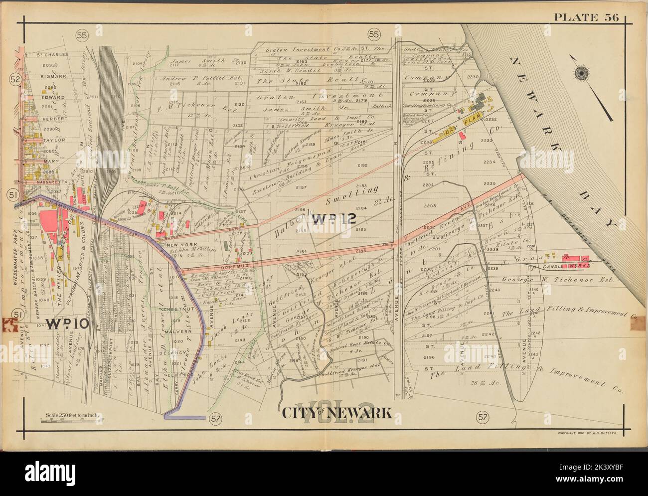 Newark, V. 2, Double Page Plate No. 56 Mappa delimitata da Newark Bay, Clifford St., Avenue i Cartographic. Atlanti, Mappe. 1911-12. Lionel Pincus e la Principessa Firyal Map Division. Newark (N.J.) Foto Stock