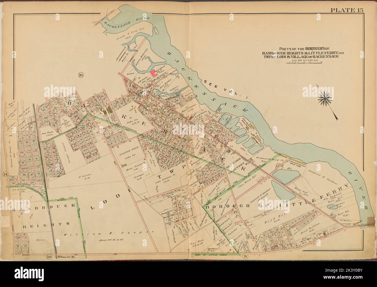 Bergen County, V. 2, Double Page Plate No. 15 Mappa delimitata da Hackensack River, Lodi Ave., Williams Ave., Terrace Ave. Cartografica. Atlanti, Mappe. 1912 - 1913. Lionel Pincus e la Principessa Firyal Map Division. Contea di Bergen (N.J.) Foto Stock