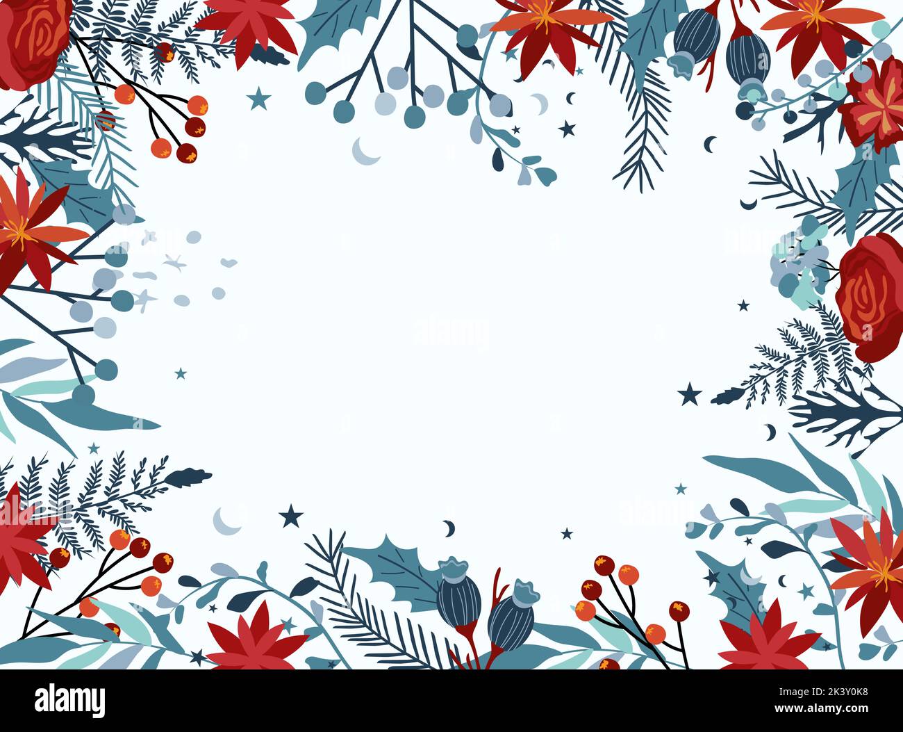Natale bordo con fiori luminosi poinsettia, rose, foglie, bacche rosse, rametto di abete rosso. Composizione invernale perfetta per biglietti d'auguri, poster, banner. Vettore. Illustrazione Vettoriale