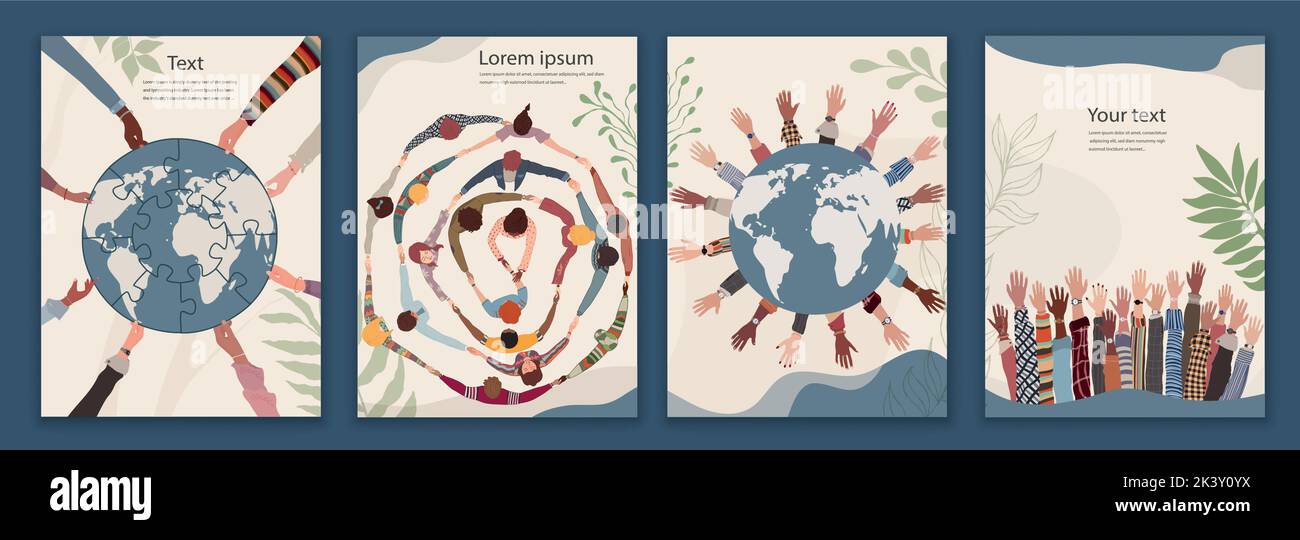 Modello di poster con un gruppo di persone di diversa cultura in un cerchio che tiene le mani insieme e coopera per un ambiente e una terra ecologici e puliti. Illustrazione Vettoriale