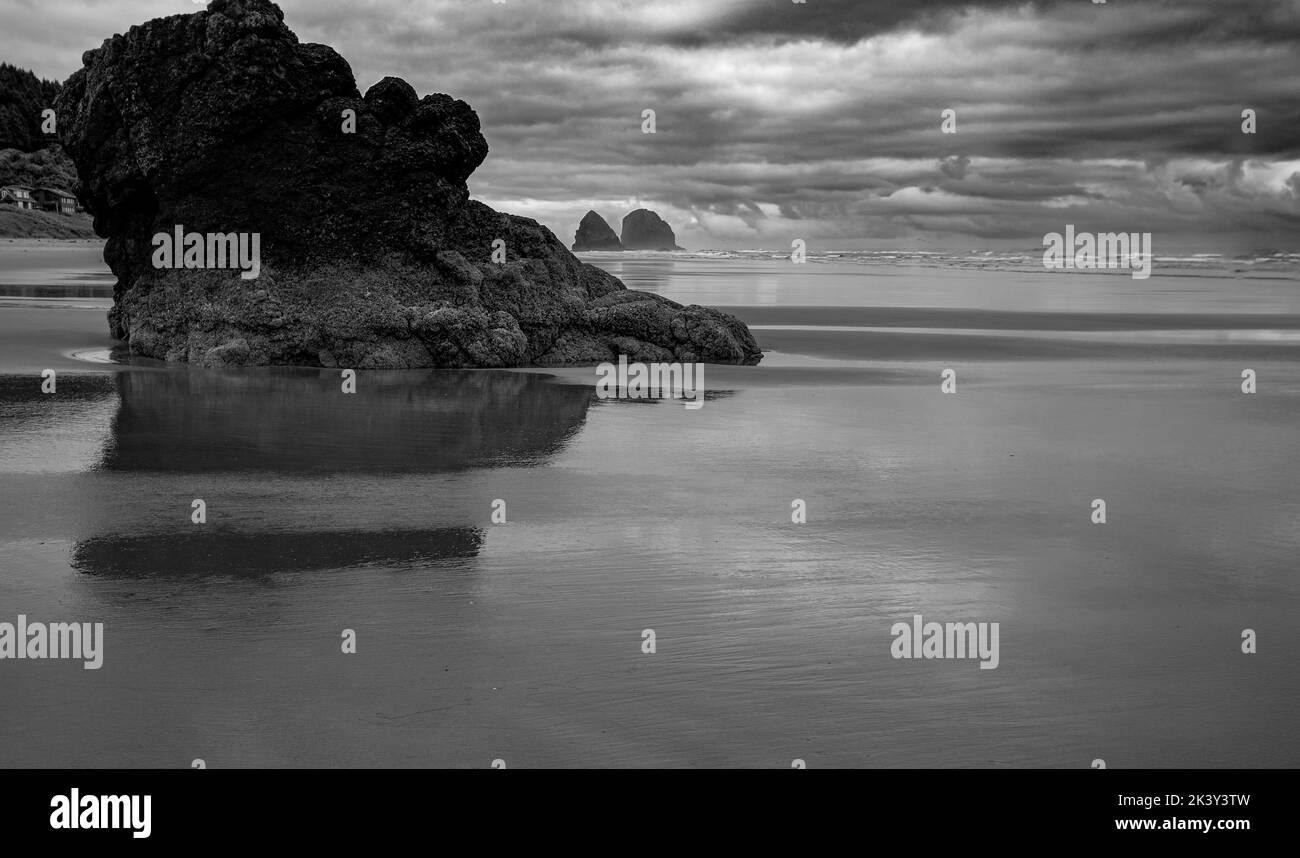 Un primo piano in scala di grigi di una grande roccia sulla riva sabbiosa bagnata di Cannon Beach sotto il cielo nuvoloso, Oregon Foto Stock Un primo piano in scala di grigi di una grande roccia sulla riva sabbiosa bagnata di Cannon Beach sotto il cielo nuvoloso, Oregon Foto Stock