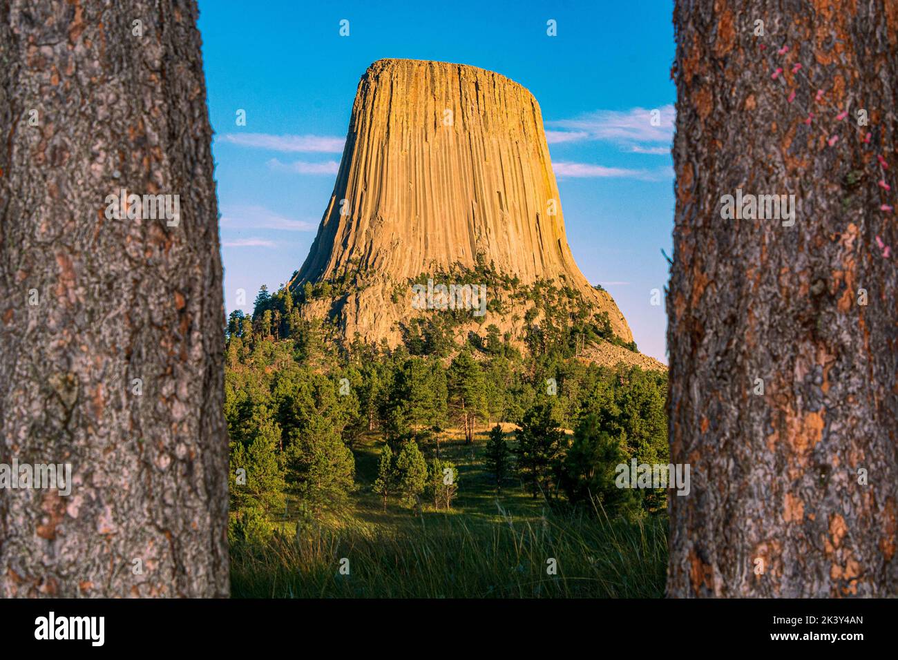 Una bella foto del Devils Tower National Monument nel Wyoming contro il cielo blu Foto Stock
