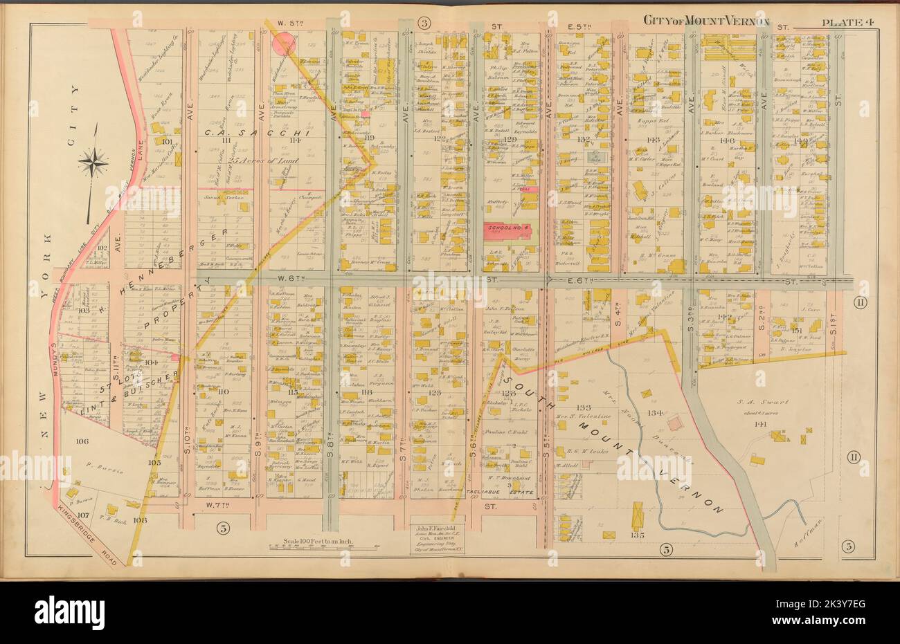 Mount Vernon, Double Page Plate No. 4 Mappa delimitata da W. 5th St., E. 5th St., S. 1st St., W. 7th St., Mundys Lane Cartographic. Atlanti, Mappe. 1908. Lionel Pincus e la Principessa Firyal Map Division. Real Property , New York (state) , Mount Vernon, Mount Vernon (Westchester County, N.Y.), Real Property , New York (state) , Pelham, Pelham (N.Y.) Foto Stock