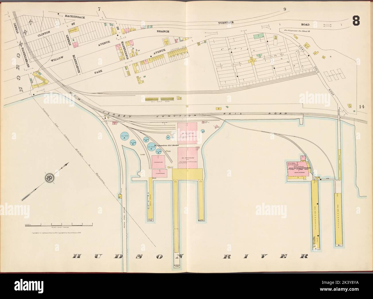 Hudson County, V. 8, Double Page Plate No. 8 Mappa delimitata da Hackensack Turnpike Rd., Coal Dock Rd., Hudson River, 17th St. 1887. Cartografica. Atlanti, Mappe. Lionel Pincus e la Principessa Firyal Map Division. Contea di Hudson (N.J.) Foto Stock