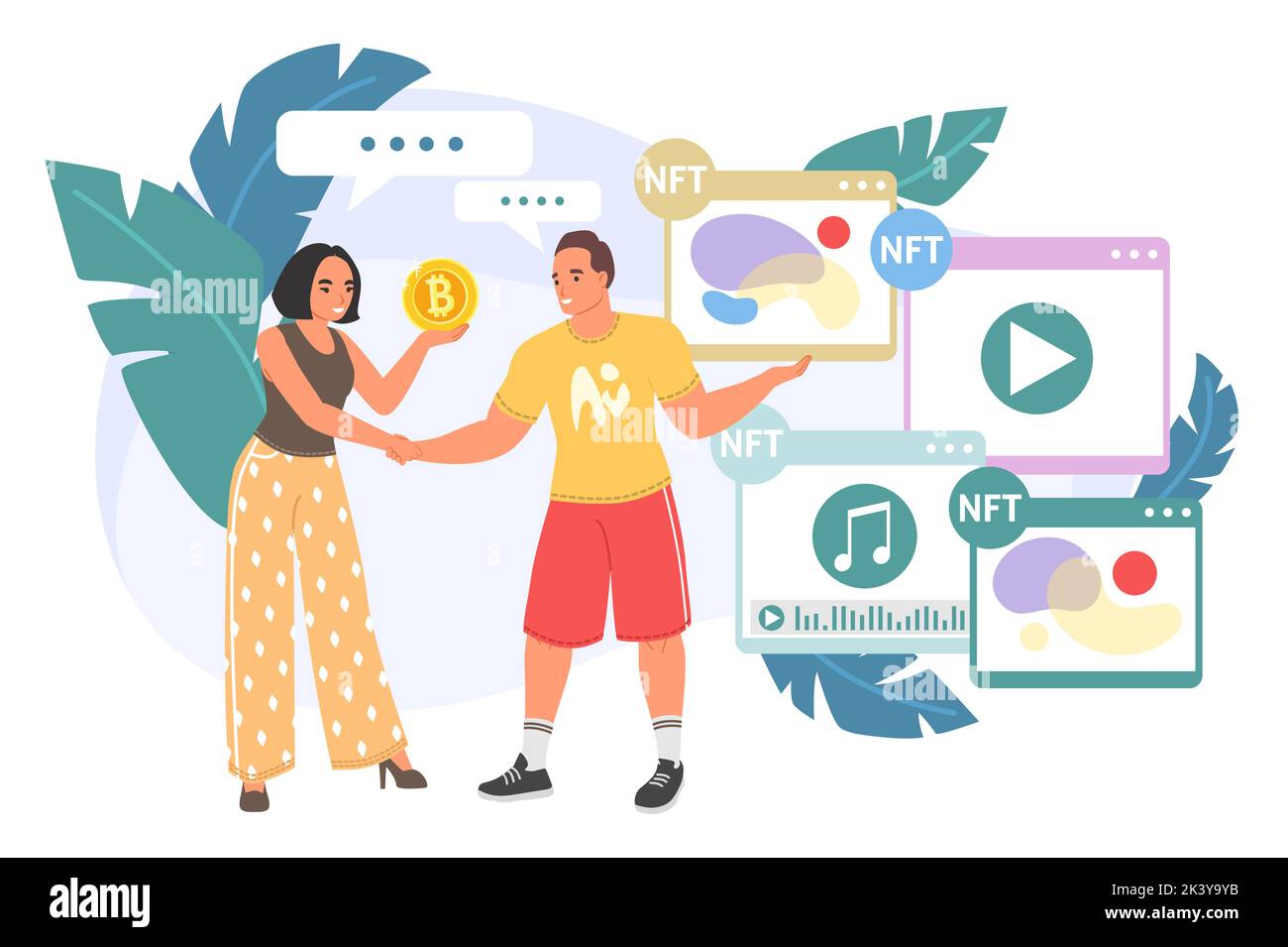 Donna che acquista nft arte con bitcoin vettore. Uomo artista che offre risorse cripto per l'illustrazione dell'asta. Blockchain, criptovaluta bitcoin e a digitale Illustrazione Vettoriale