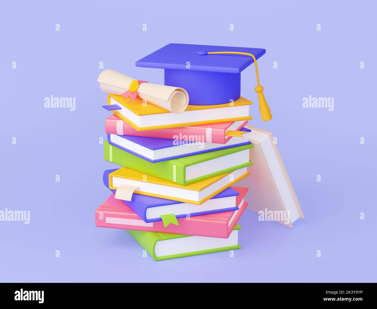 3D rendere studente laurea, istruzione in scuola, università o concetto digitale universitario con mucchio di libri, certificato di scorrimento e cappello accademico bachelor in cima, Illustrazione in stile cartoon plastica Foto Stock