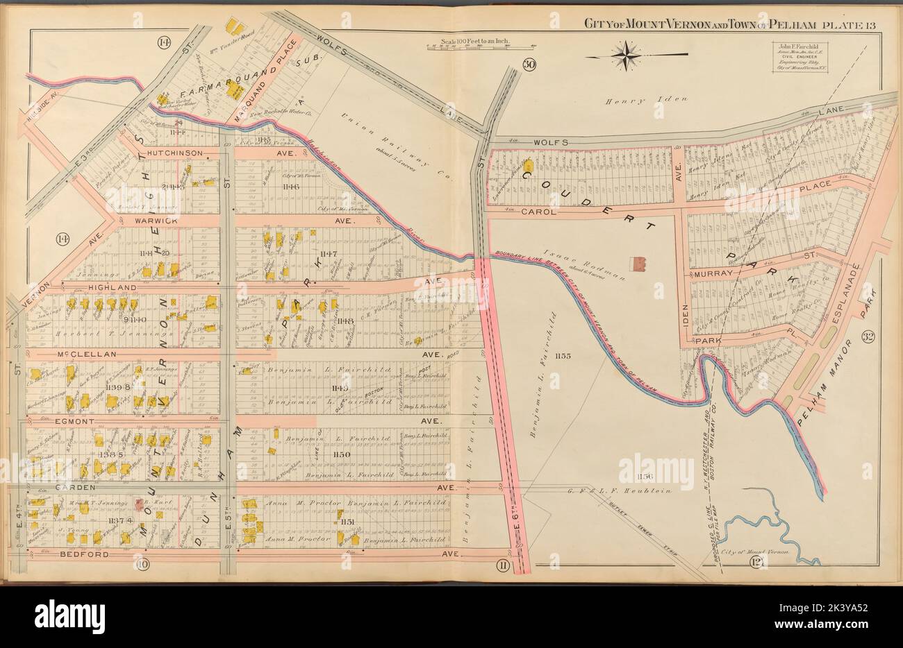 Mount Vernon, Double Page Plate No. 13 Mappa delimitata da Wolfs Lane, Esplande, Bedford Ave., E. 4th St., Vernon Ave., Hillside Ave. Cartografico. Atlanti, Mappe. 1908. Lionel Pincus e la Principessa Firyal Map Division. Real Property , New York (state) , Mount Vernon, Mount Vernon (Westchester County, N.Y.), Real Property , New York (state) , Pelham, Pelham (N.Y.) Foto Stock