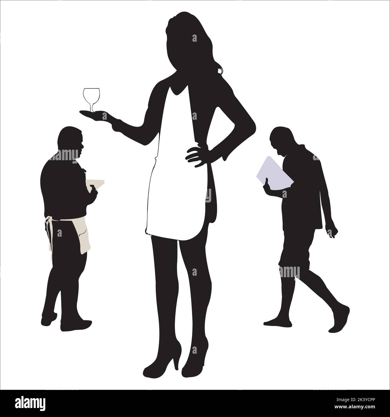 Vettore insieme di cameriere e cameriera al ristorante Silhouettes Illustrazione isolato su sfondo bianco Illustrazione Vettoriale