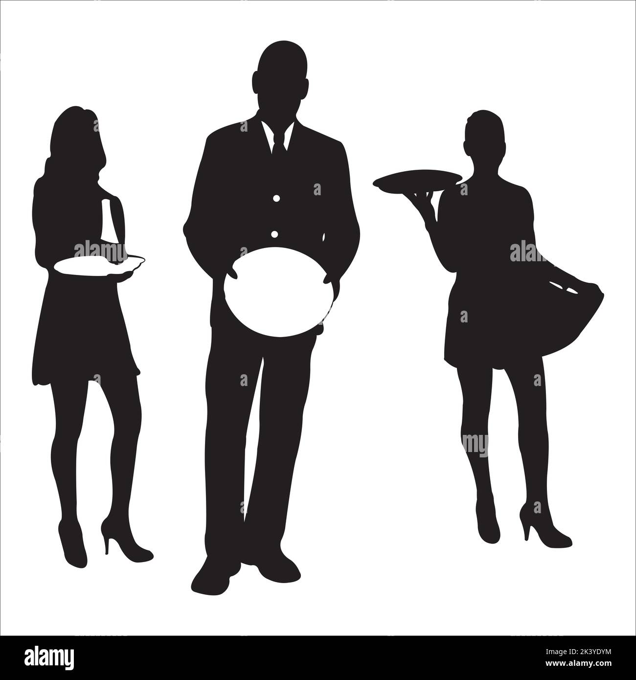 Vettore insieme di cameriere e cameriera al ristorante Silhouettes Illustrazione isolato su sfondo bianco Illustrazione Vettoriale
