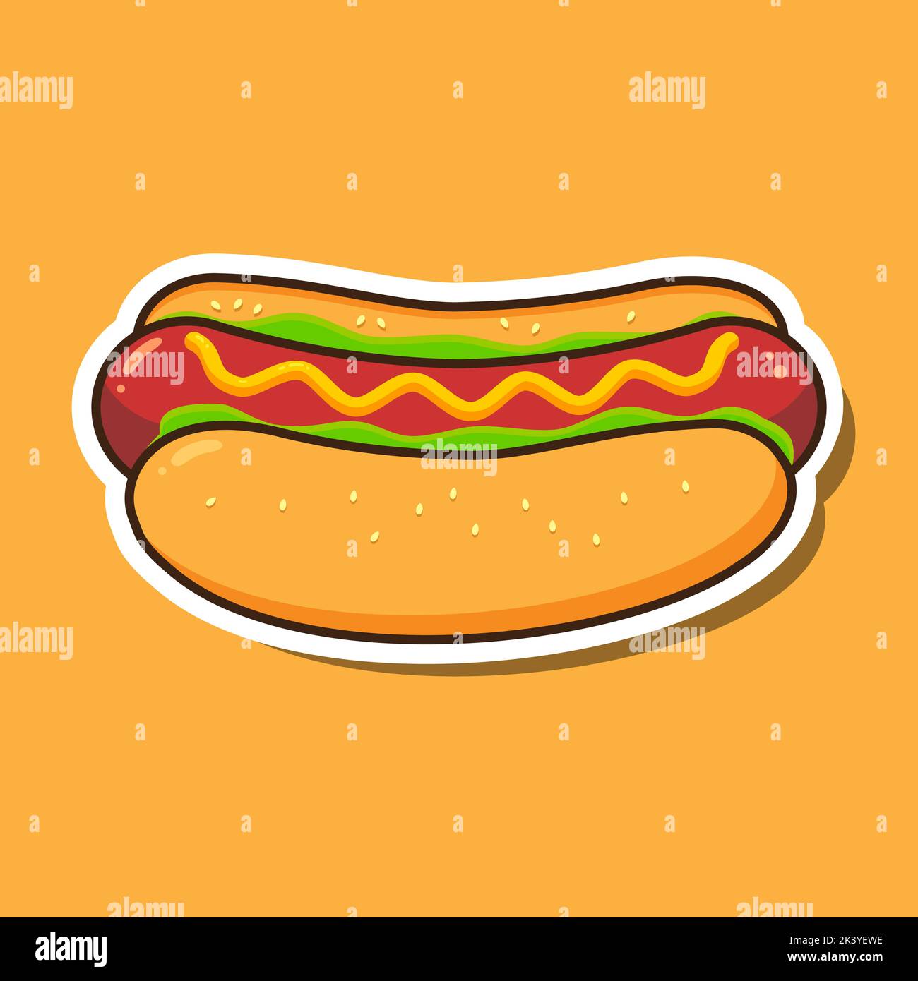 Immagine cartoon di un hot dog adesivo su sfondo scuro. Illustrazione vettoriale Illustrazione Vettoriale