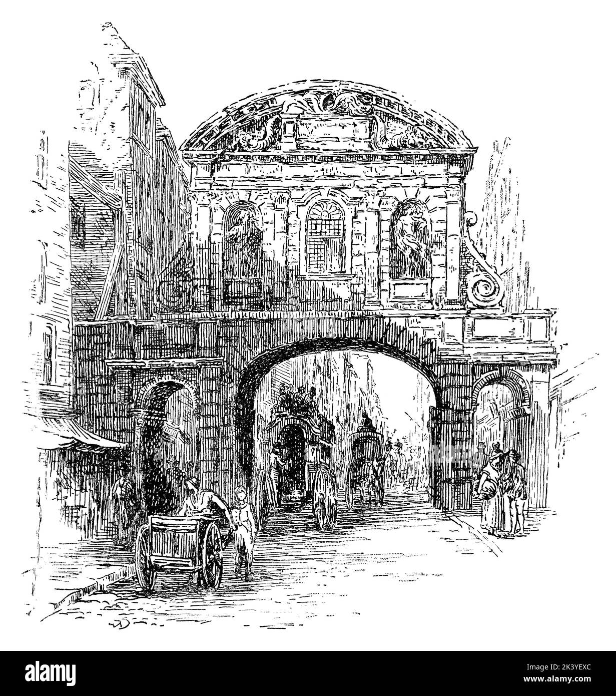 Illustrazione vittoriana di Sir Christopher Wren's Temple Bar Gate nella sua posizione originale all'incontro di The Strand e Fleet Street a Londra. Ora si trova in Piazza Paternoster. Foto Stock