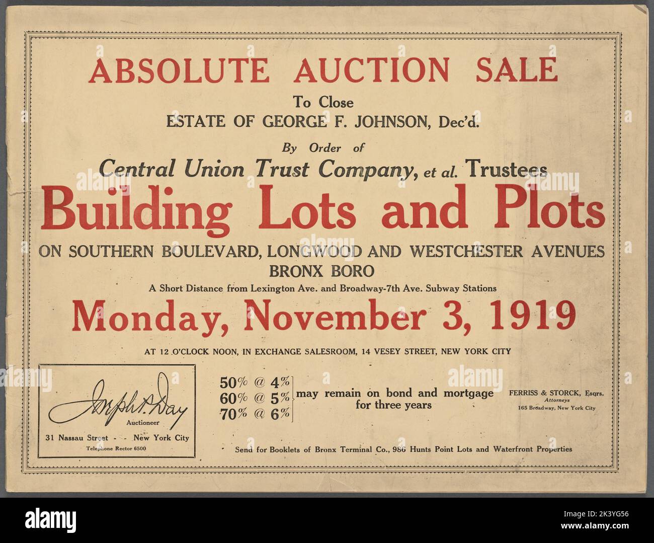 Vendita assoluta d'asta per chiudere la tenuta di George F. Johnson, dicembre. Per ordine di Central Union Trust Company, et al. Fiduciari. Lotti di costruzione e trame su Southern Boulevard, Longwood e Westchester Avenues, Bronx Boro. Testo. Mappe, opuscoli. 1919-11-03. Lionel Pincus e la Principessa Firyal Map Division. Aste di proprietà reale, New York (stato), New York Foto Stock