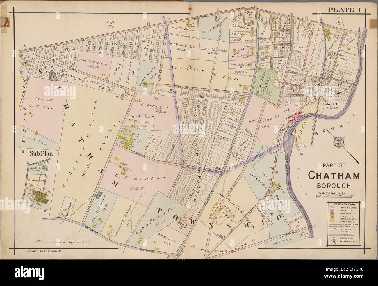 Morris County, Double Page Plate No. 1 Mappa delimitata da Watchung Ave., Passaic River, Southern Blvd., Bridge St. 1910. Cartografica. Atlanti, Mappe. Lionel Pincus e la Principessa Firyal Map Division. Contea di Morris (N.J.) Foto Stock