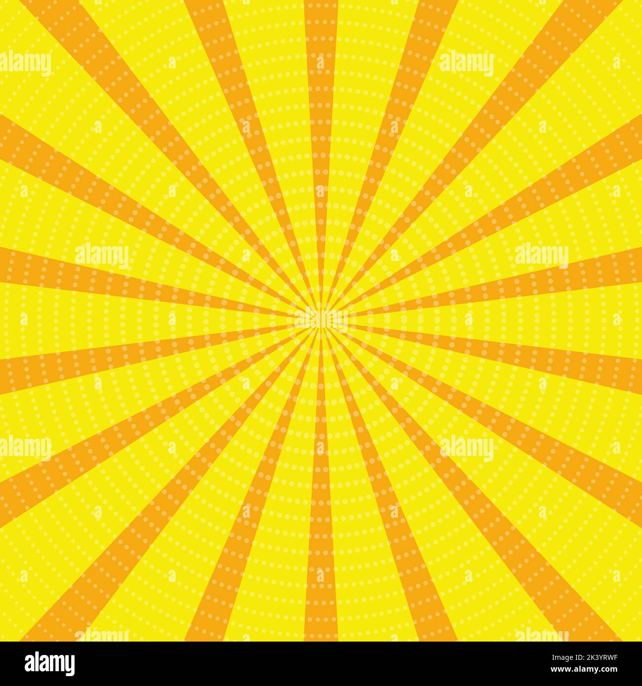 Illustrazione dello sfondo in giallo e arancione. Stile comico, retrò raggi, banner, adesivo. Illustrazione Vettoriale