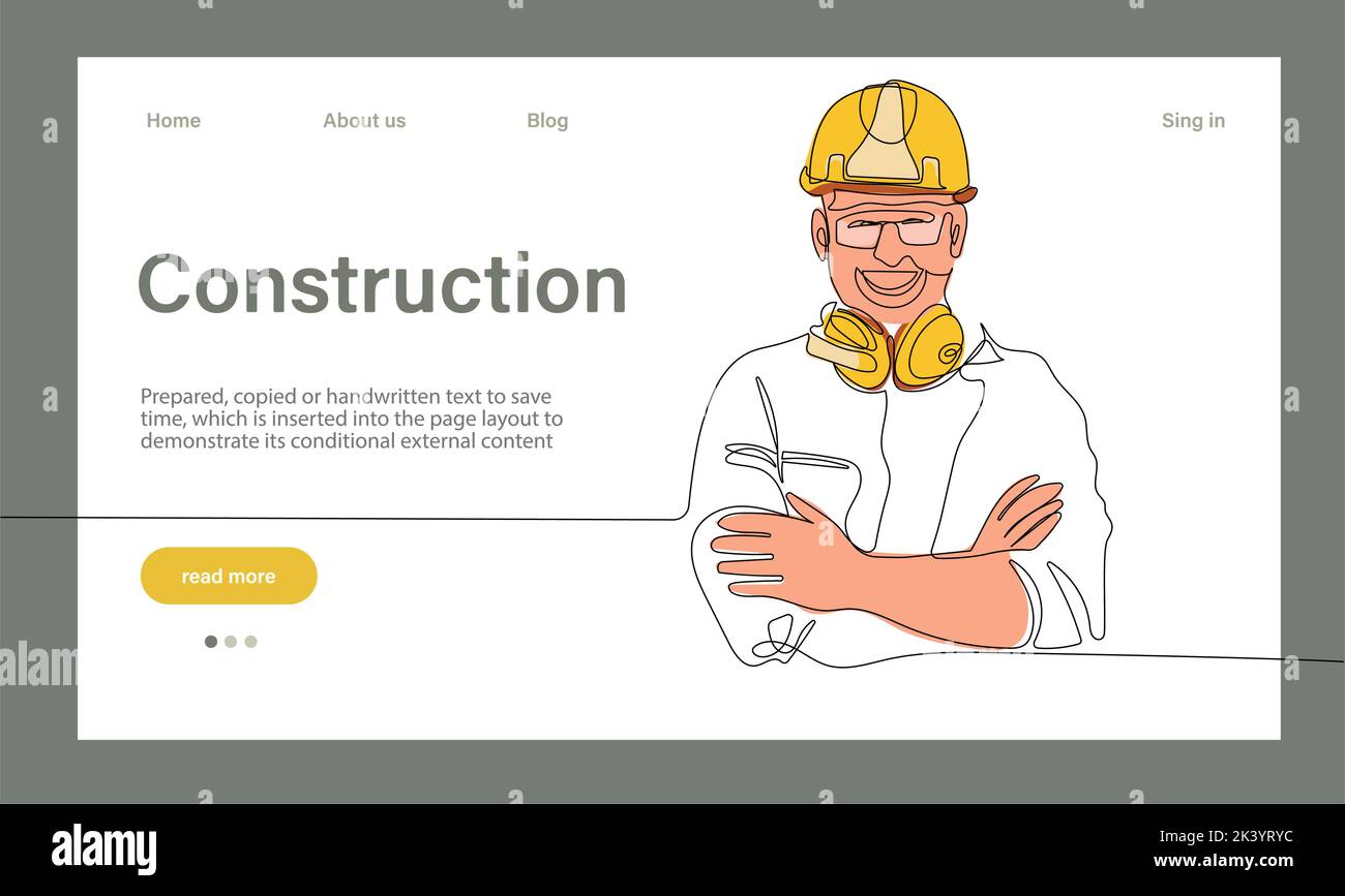 La landing page vettoriale dell'architettura funziona con maschere protettive per la sicurezza nella fabbrica industriale delle macchine. Disegno continuo su una linea per un design minimale Illustrazione Vettoriale