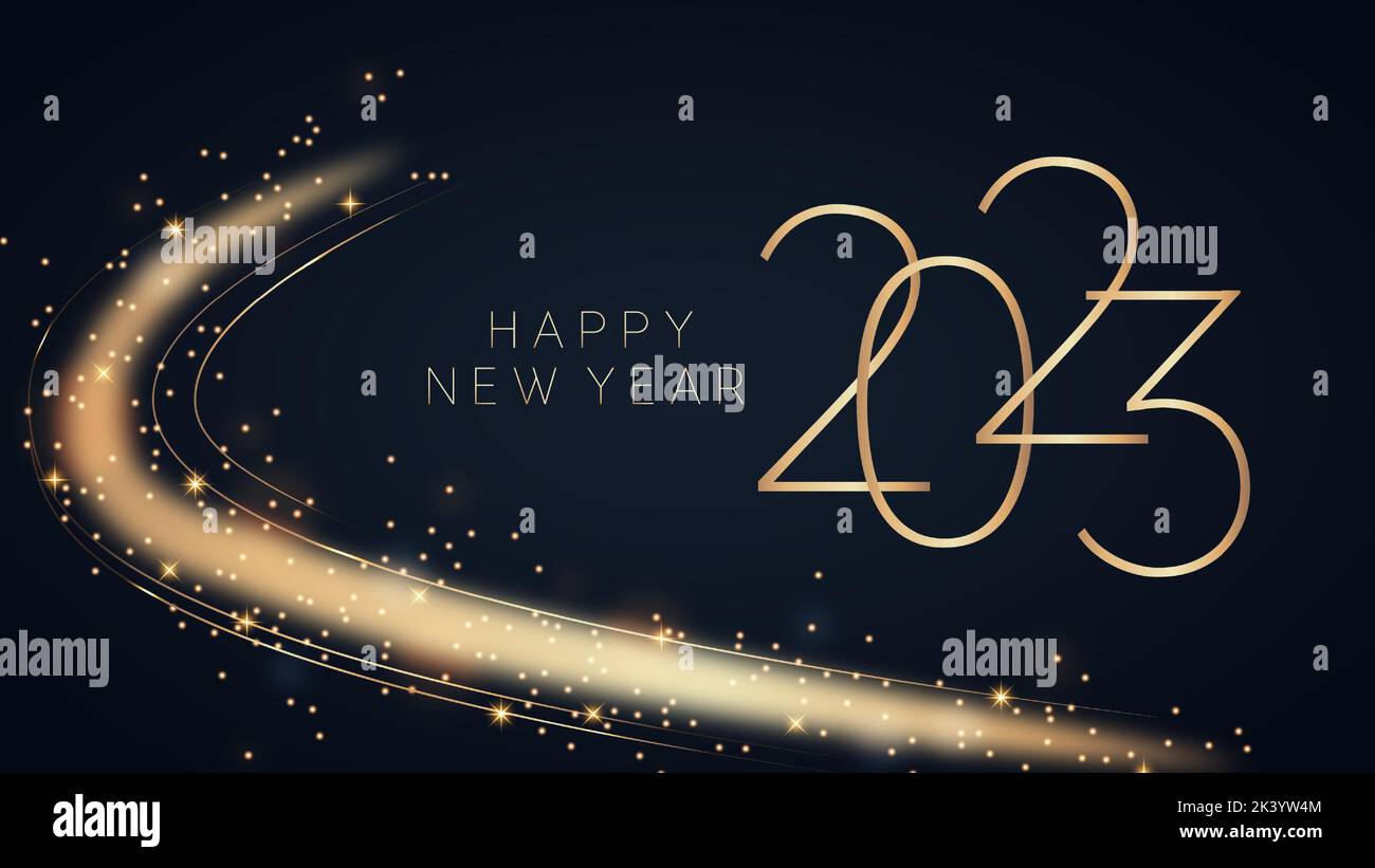 2023 buon anno sfondo design. Scritta dorata brillante su sfondo blu scuro. Modello festivo di lusso per biglietti d'auguri, banner, poster. Abst Illustrazione Vettoriale