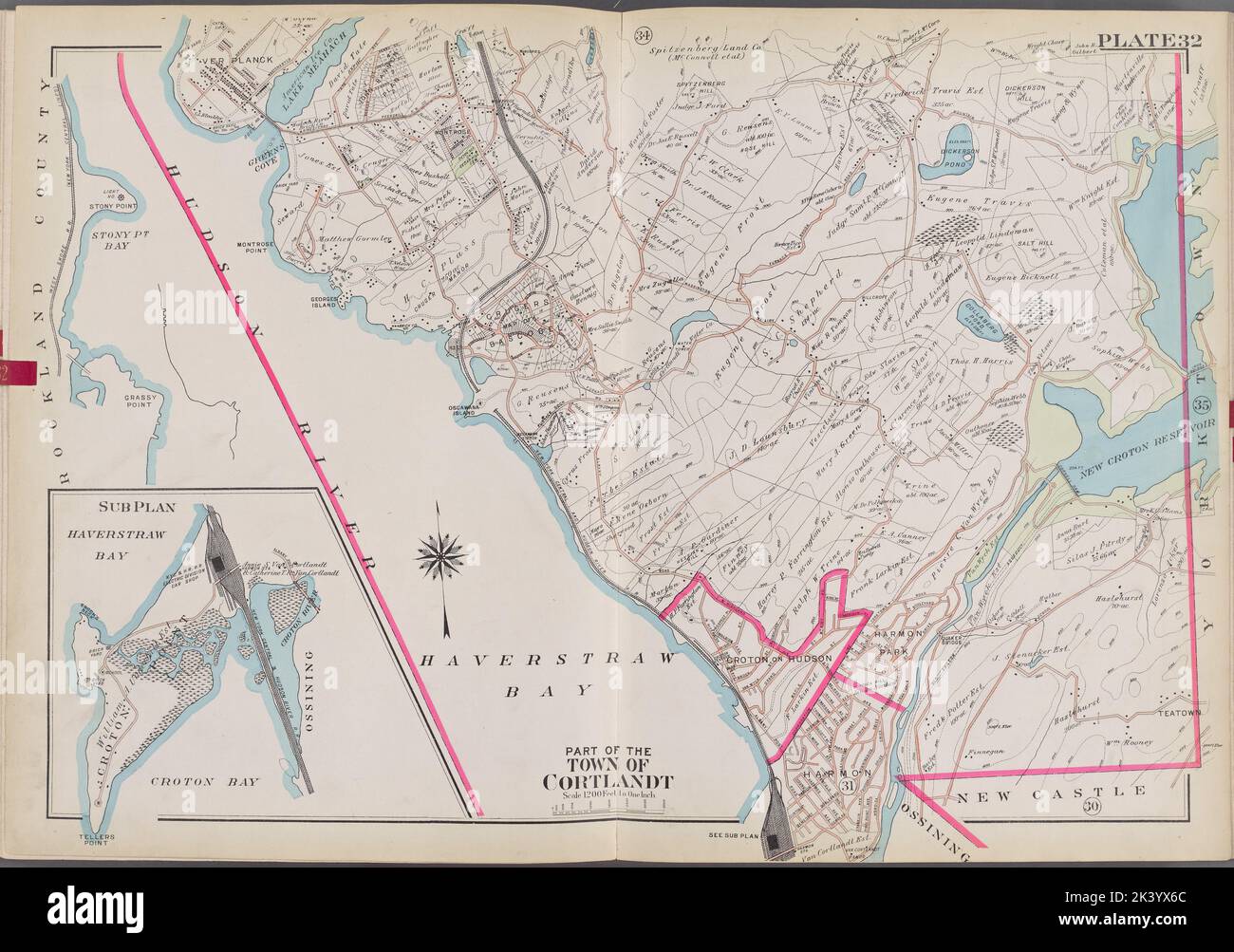 Westchester, V. 2, Double Page Plate No. 32 Mappa delimitata da Hudosn River, York Town, New Castle, Haverspill Bay Cartographic. Atlanti, Mappe. 1910 - 1911. Lionel Pincus e la Principessa Firyal Map Division. Contea di Westchester (N.Y.), Real Property , New York (state) , Contea di Westchester Foto Stock