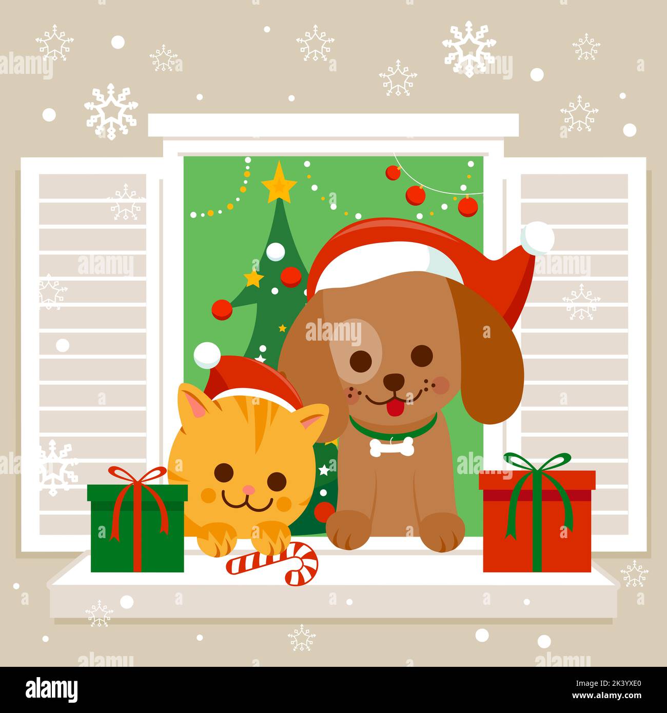 Gatto e cane con cappelli di Natale seduti a casa su una finestra davanzale di fronte a un albero di Natale. Foto Stock