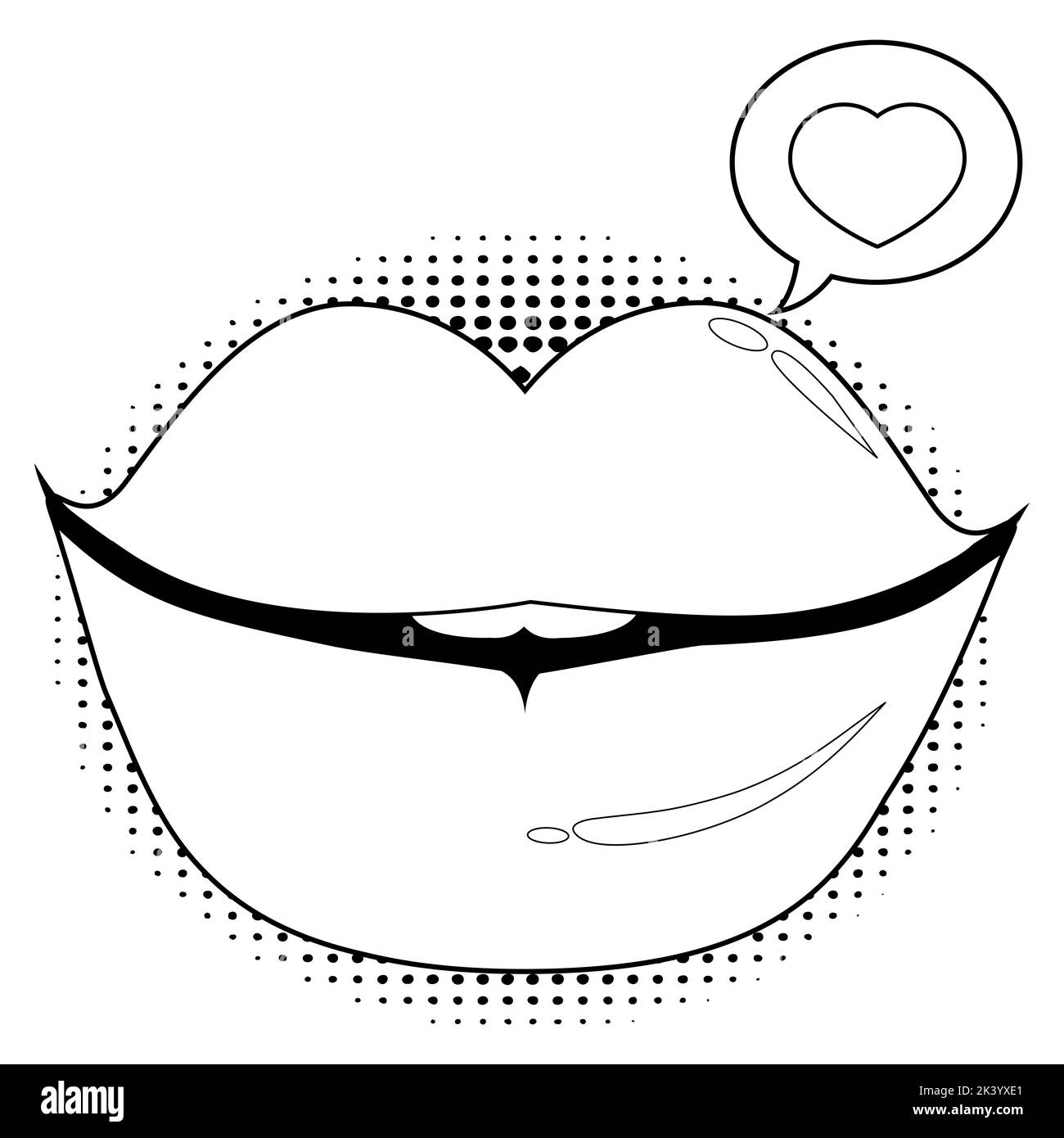 Labbra femminili con bolla di linguaggio e un cuore. Pagina da colorare in bianco e nero. Foto Stock