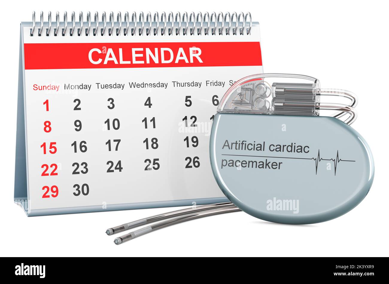 Pacemaker cardiaco artificiale con calendario da tavolo, rendering 3D isolato su sfondo bianco Foto Stock