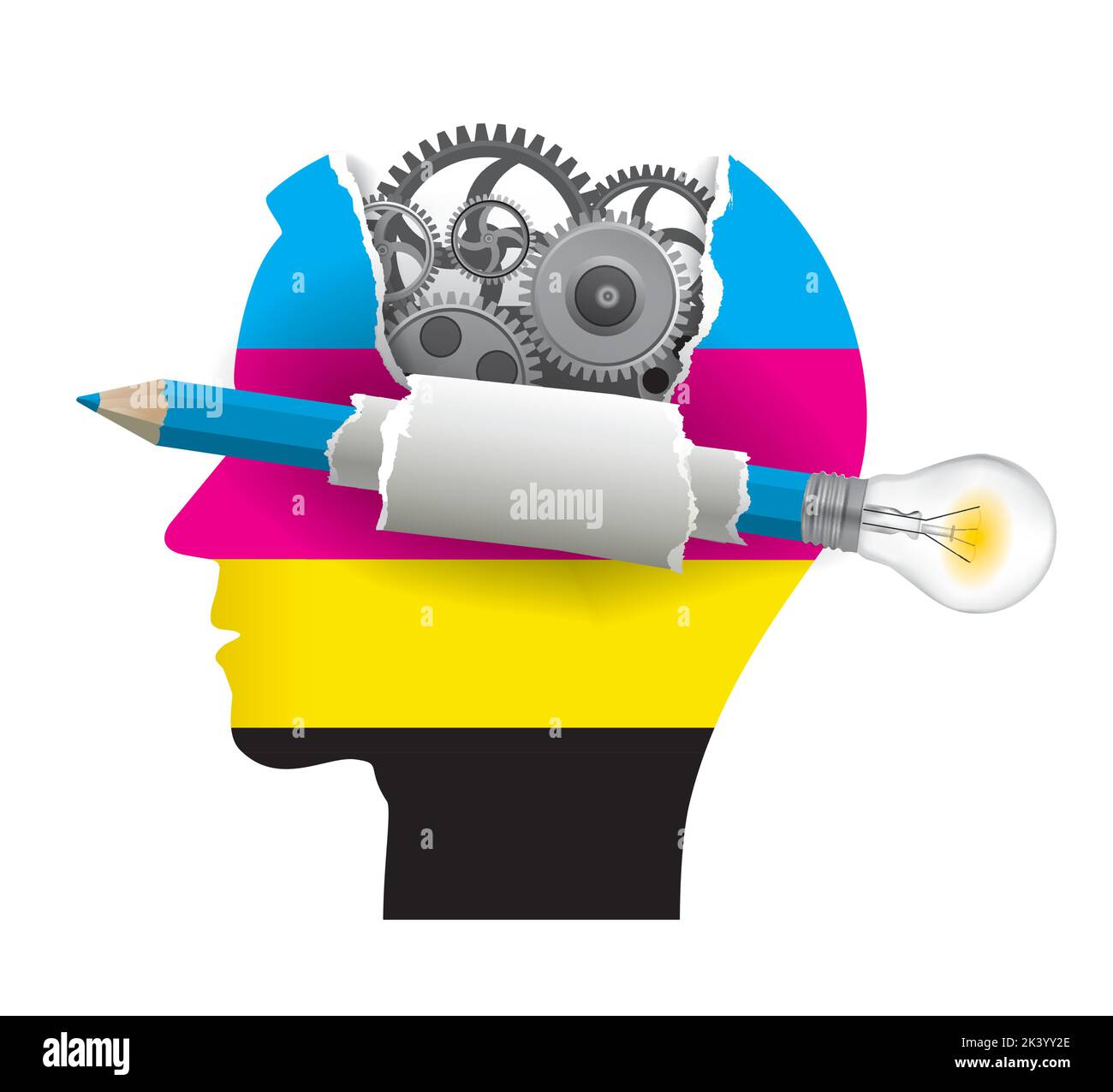 Soluzioni intelligenti, tecnologia di stampa, giovani. Testa maschio stilizzata con ingranaggio e matita con bulbo e colori cmyk. Illustrazione Vettoriale