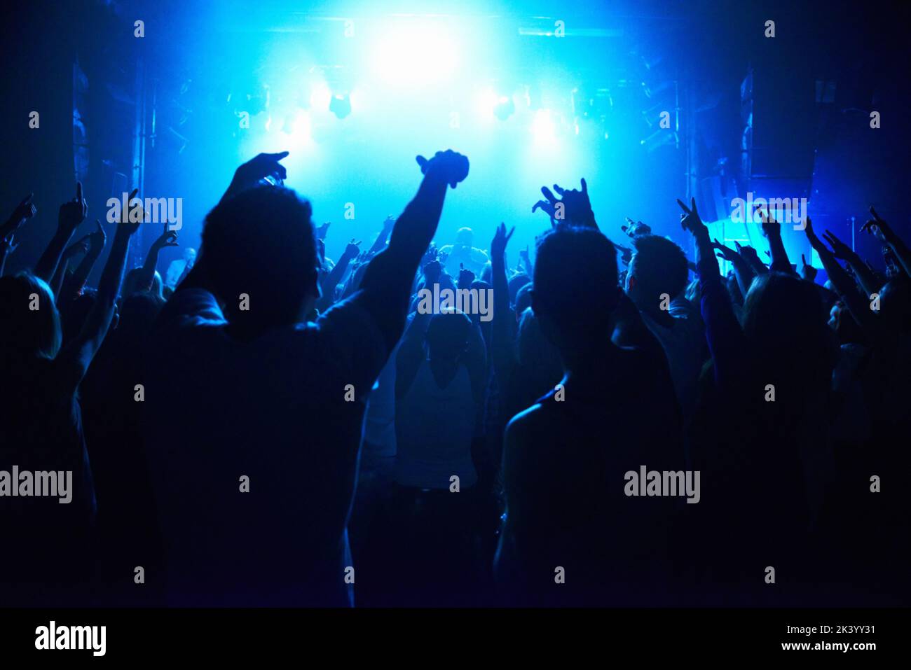 La musica ci unisce. Una folla di persone che guardano una band sul palco in un nightclub. Foto Stock