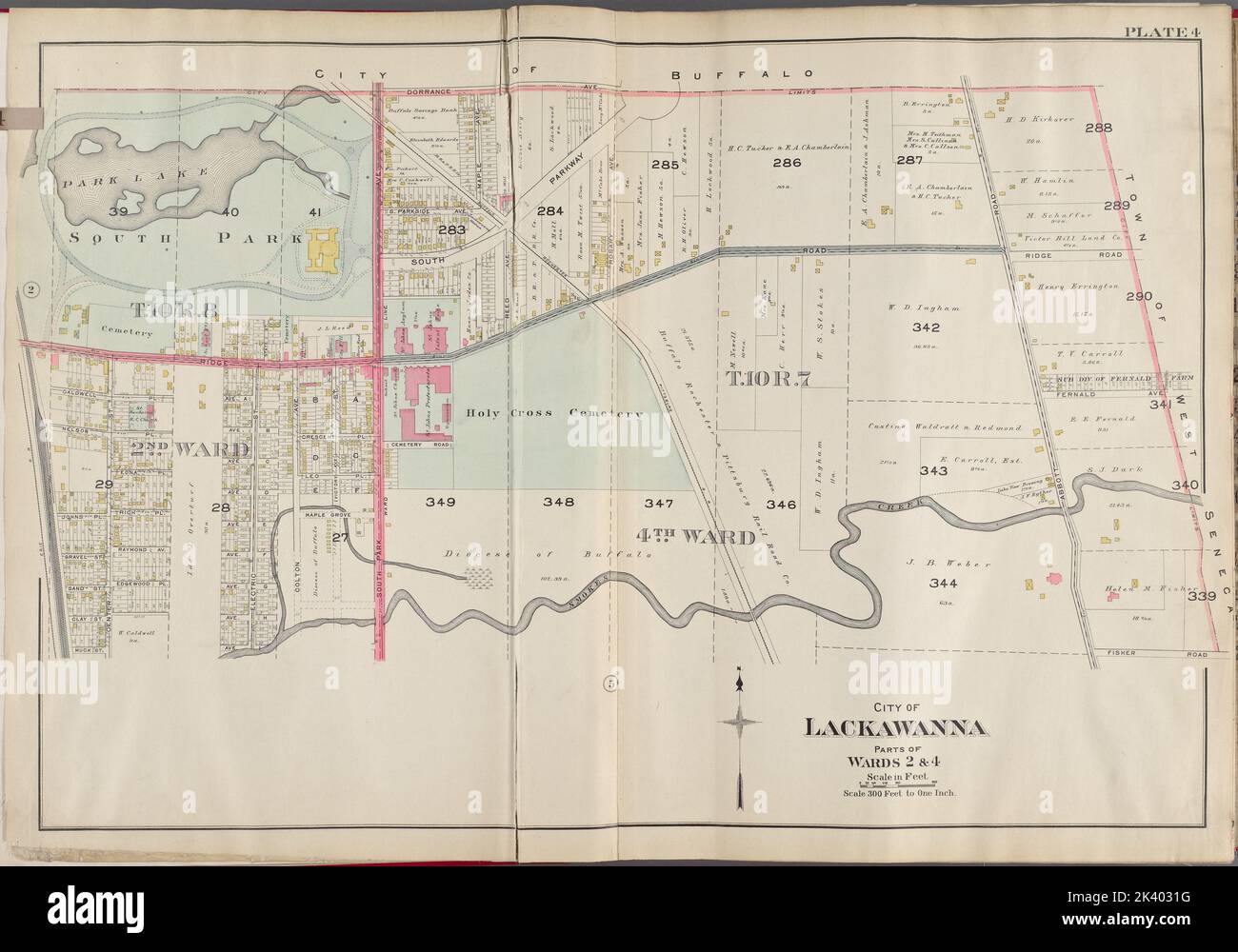 Buffalo, V. 3, Double Page Plate No. 4 Mappa delimitata da Città di Buffalo, Città di West Seneca, Erie Rail Rd. Cartografica. Atlanti, Mappe. 1915. Lionel Pincus e la Principessa Firyal Map Division. Buffalo Metropolitan Area (N.Y.) , VMaps. Foto Stock