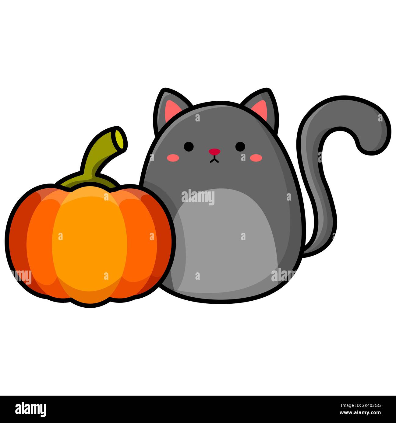 Illustrazione cartoon di un gatto grigio e zucca. Illustrazione vettoriale per Halloween Illustrazione Vettoriale